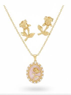 ⚜️ Gold-Tone Pink Rose Pendant Necklace & Stud Earrings Set